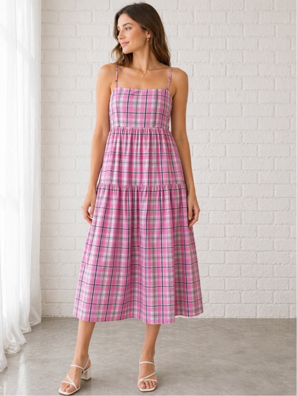 J. Crew Tie-back tiered poplin dress in violet plaid Size 10